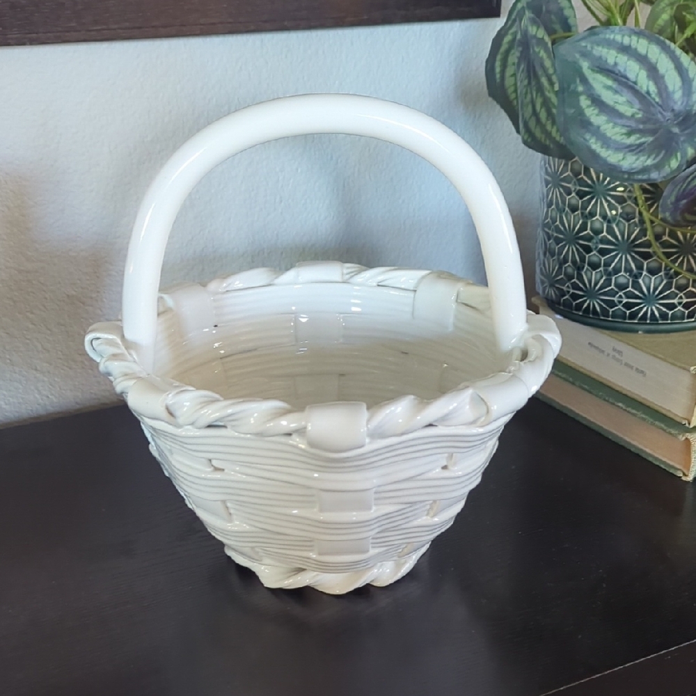 White Ceramic Basket with Handle -